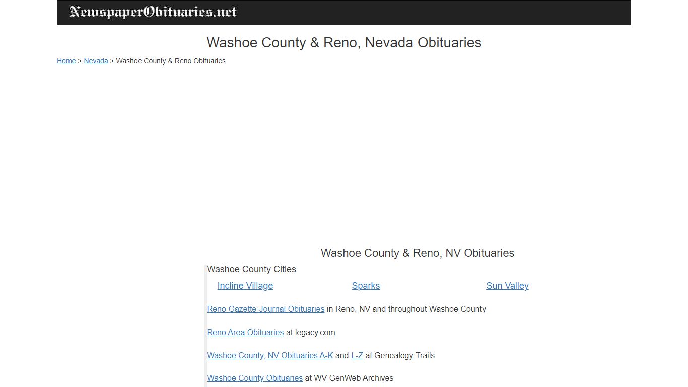 Washoe County and Reno, NV Obituaries